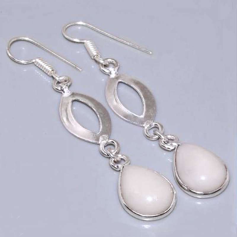 Trendy White Jade Pear Shape Gemstone set in. 925 Sterling Silver Plated Handmade Earrings