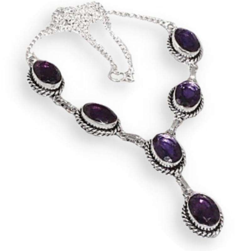 Purple Amethyst Ovals set in .925 Sterling Silver Plated Handmade Antique Style Necklace