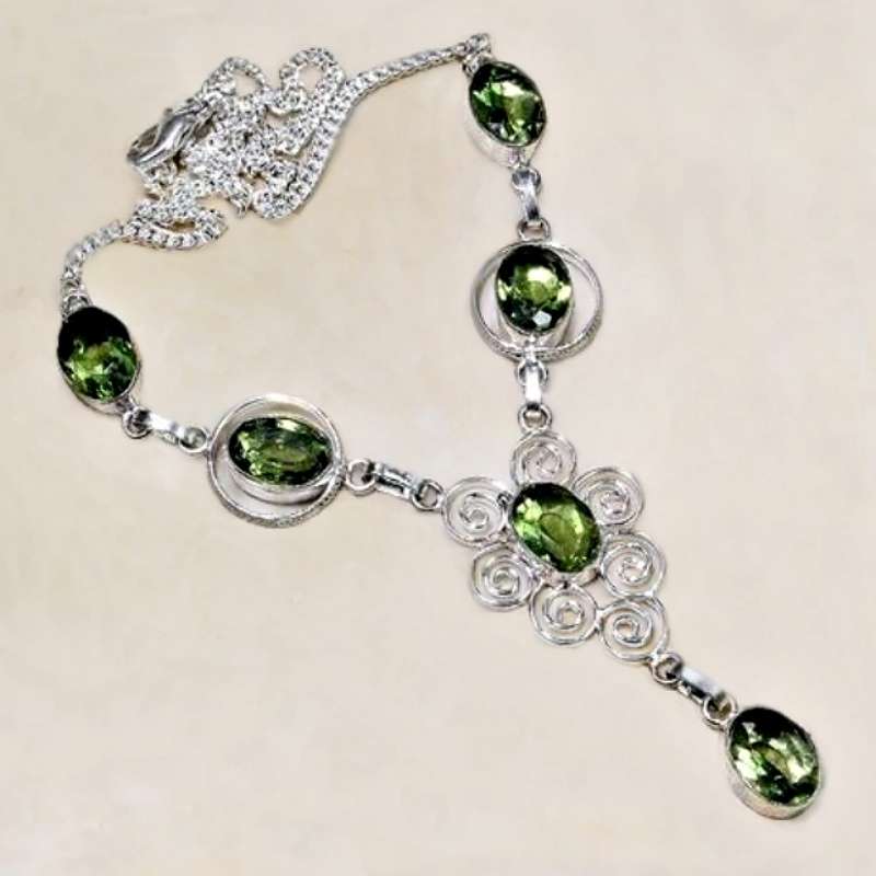 Green Amethyst Ovals set in .925 Sterling Silver Plated Handmade Necklace