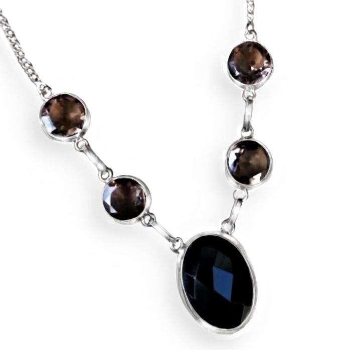 Black Onyx and Smoky Topaz  set in .925 Sterling Silver Plated Handmade Necklace