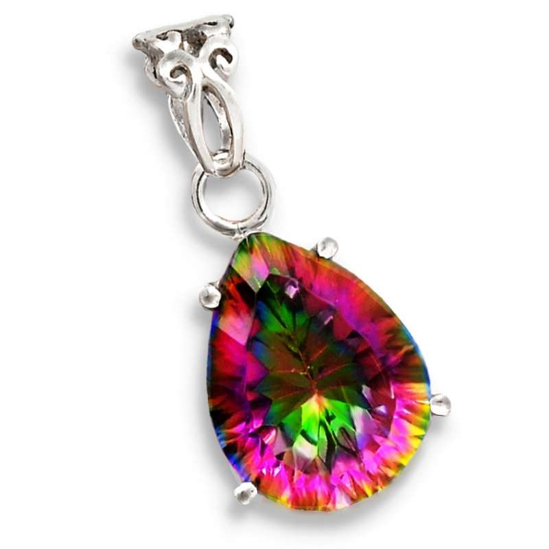 Natural Rainbow Mystic Topaz Pear Shape Gemstone set in Solid .925 Sterling Silver Pendant