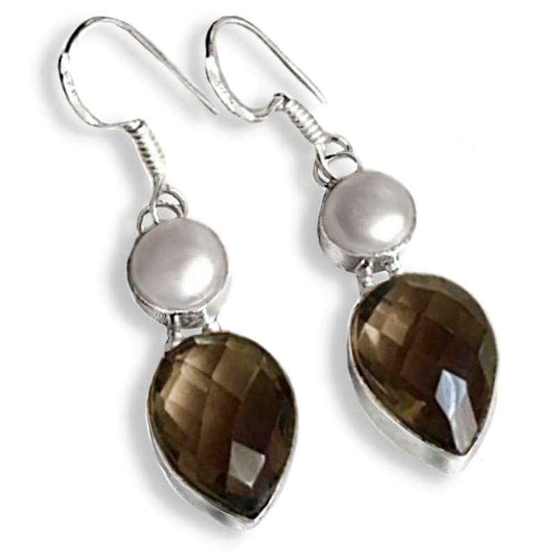 Handmade Smoky Topaz and White River Pearl Gemstone 925 Sterling Silver Plated Earrings