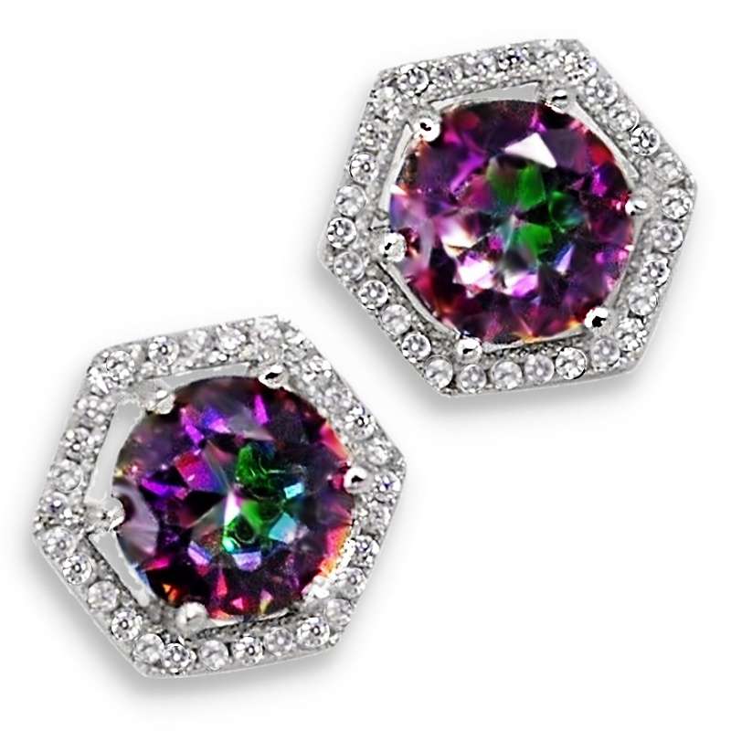 8.73 cts Beautiful Rainbow Mystic Topaz, White Topaz Stud Earrings In Solid .925 Sterling Silver