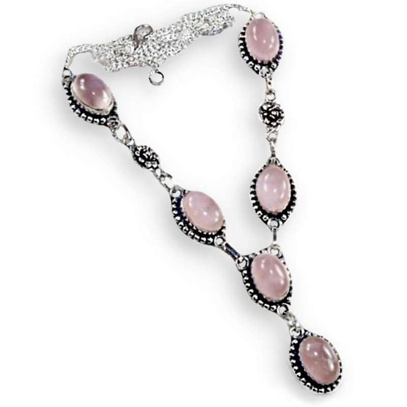 Natural Rose Quartz set in .925 Sterling Silver Plated Handmade Antique Style Rose Accent Necklace