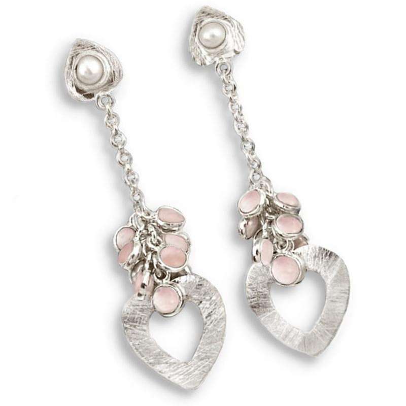 13.67 cts Natural Rose Quartz Gemstones Pearl set in Solid .925 Sterling Silver Long Stud Earrings