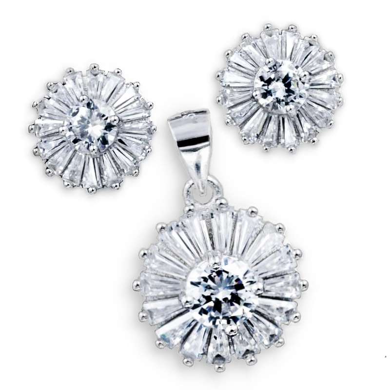 White Cubic Zirconia Tapered Baguettes set in Solid .925 Sterling Silver Pendant and Earrings Set