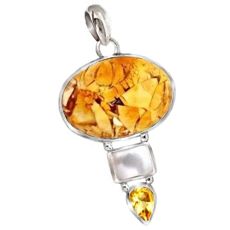 Natural Mexican Opal Matrix and White Pearl set in Solid .925 Sterling Silver Pendant