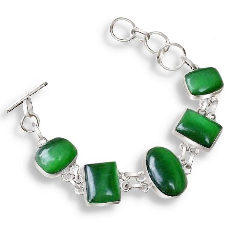 Green Cats Eye Mixed Shapes in .925 Sterling Silver Plated Handmade Bracelet
