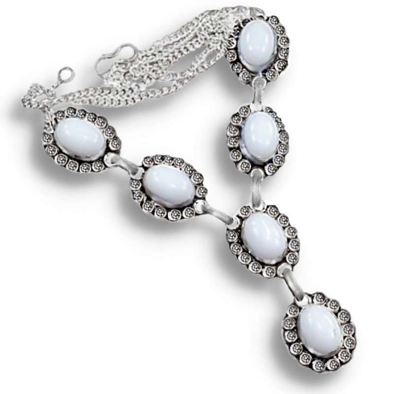 Handmade White Jade Oval Gemstones .925 Sterling Silver Plated Necklace