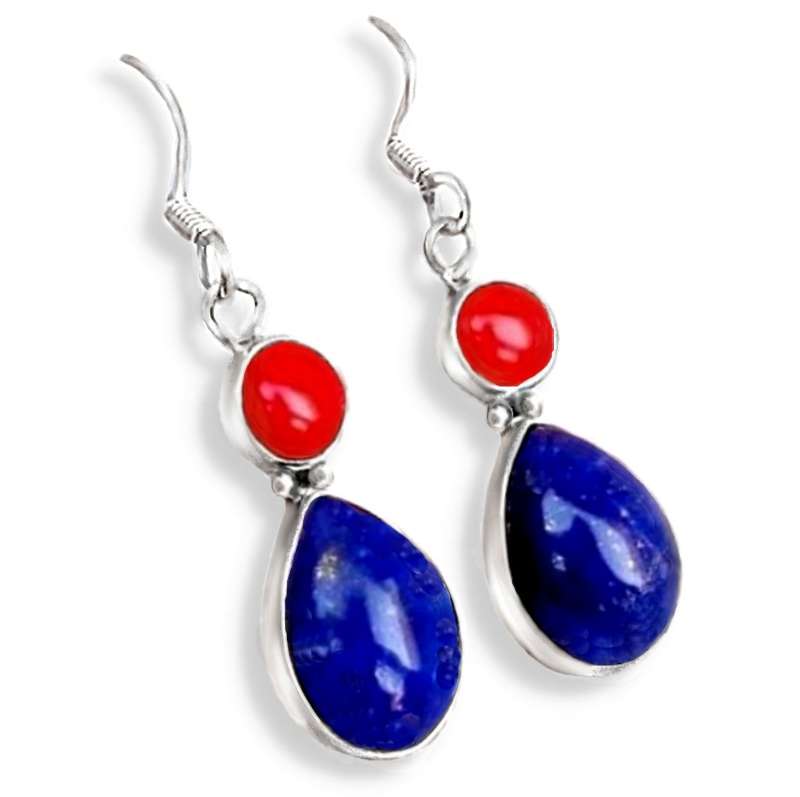 Natural Lapis Lazuli and Red Coral set in Solid .925 Sterling Silver Earrings