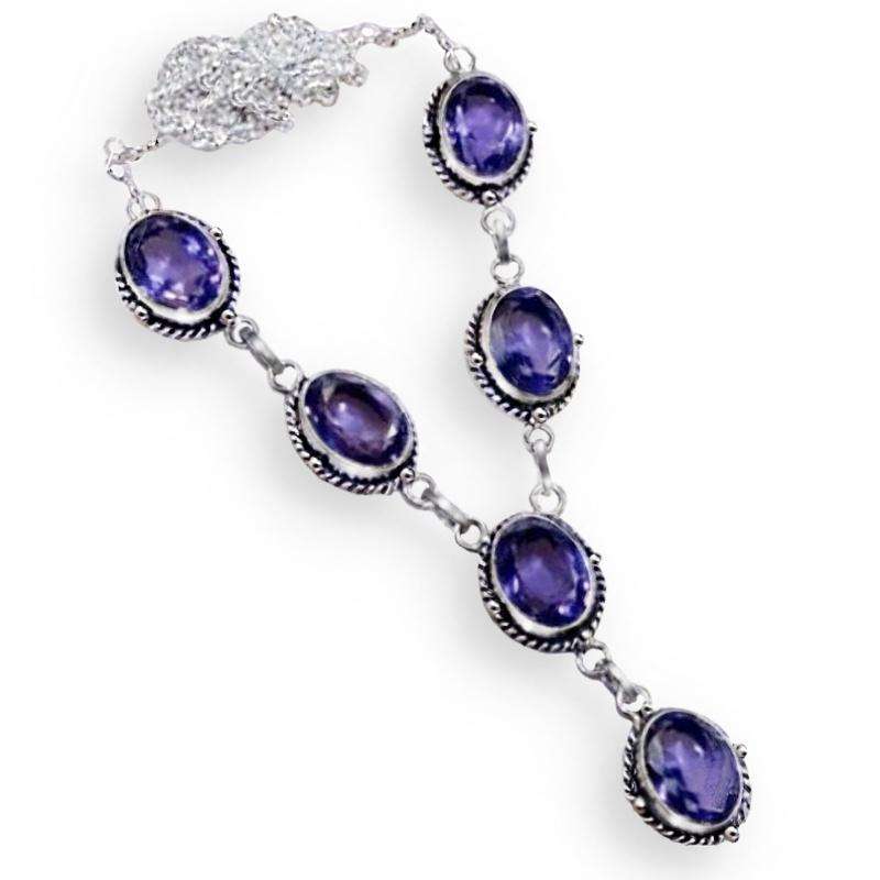 Purple Amethyst Ovals set in .925 Sterling Silver Plated Y Shape Antique Style Necklace