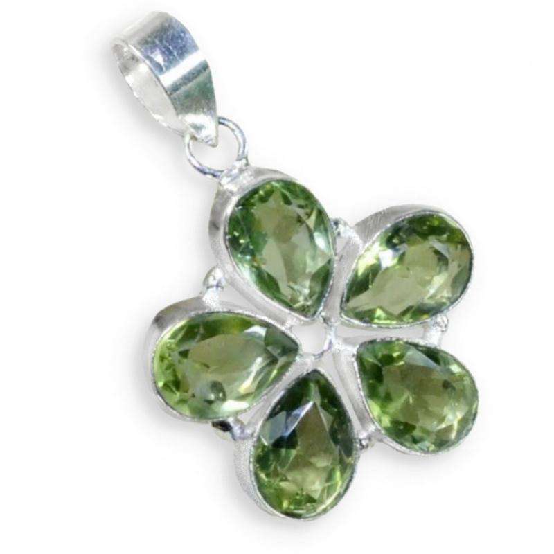 Green Amethyst Pears in a Floral Shape set in .925 Sterling Silver Plated Handmade Pendant