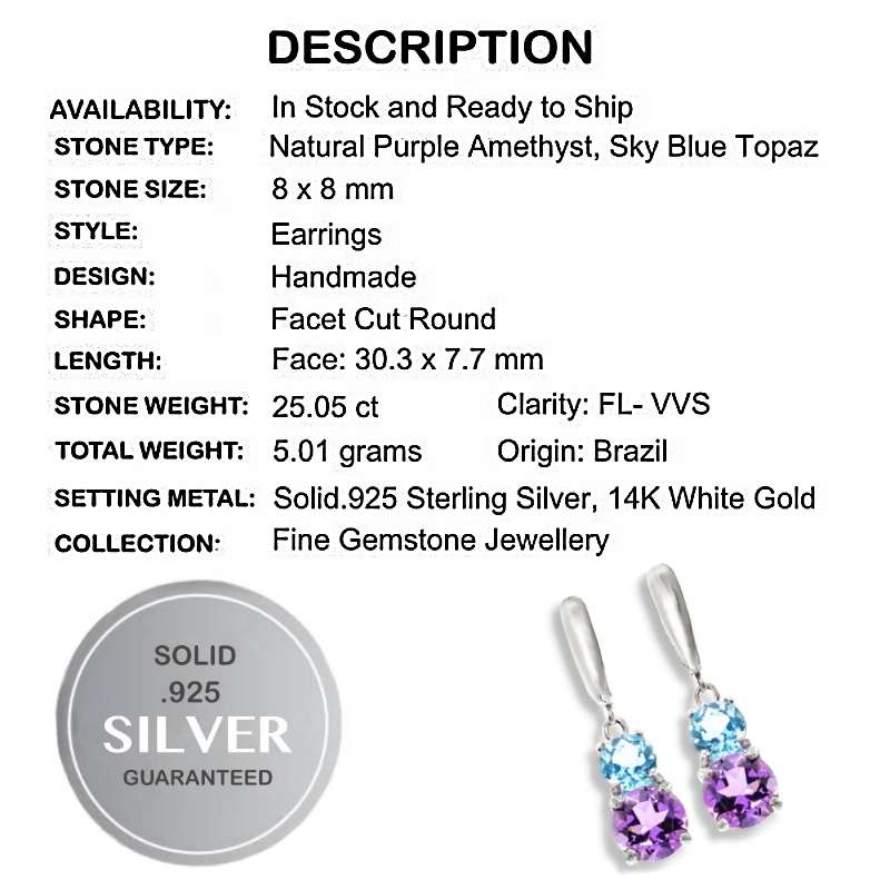 25.05 cts Authentic Purple Amethyst and Blue Topaz In Solid .925 Sterling Silver Earrings