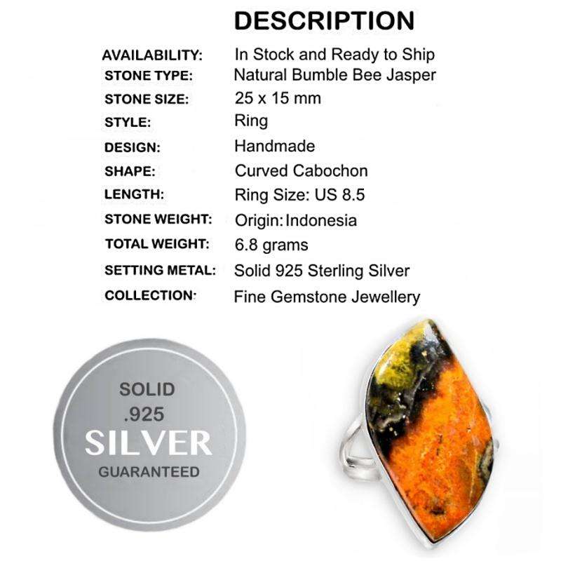Natural Indonesian Bumble Bee Jasper  set in Solid .925 Sterling  Silver Ring Size US 8.5 OR Q1/2