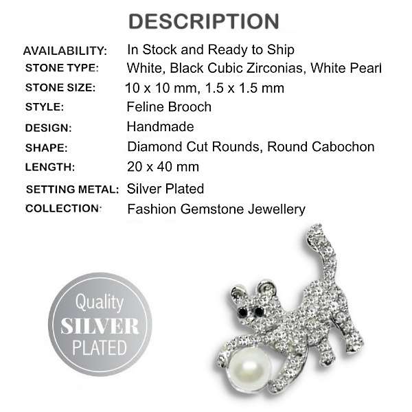 White and Black Cubic Zirconia and Pearl Playful Kitten Silver Plated Brooch