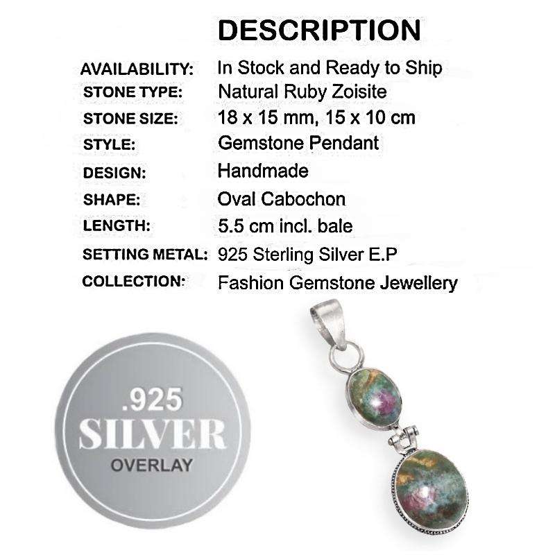 Natural Ruby Zoisite Oval Gemstones Set in 925 Sterling Silver Plated Handmade Pendant