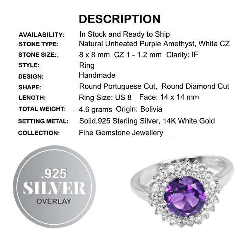 Natural Round Portuguese Cut Purple Amethyst,White Cz in Solid .925 Silver Ring Size 8 / Q
