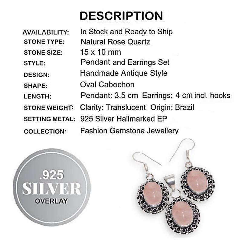 Natural Pink Rose Quartz Oval .925 Sterling Silver Plated Pendant and Earrings Set