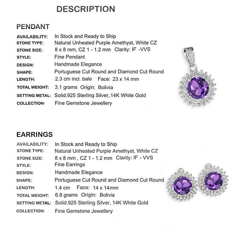 Natural Unheated Purple Amethyst and White Cubic Zirconia Gemstone Solid .925 Sterling Silver Set