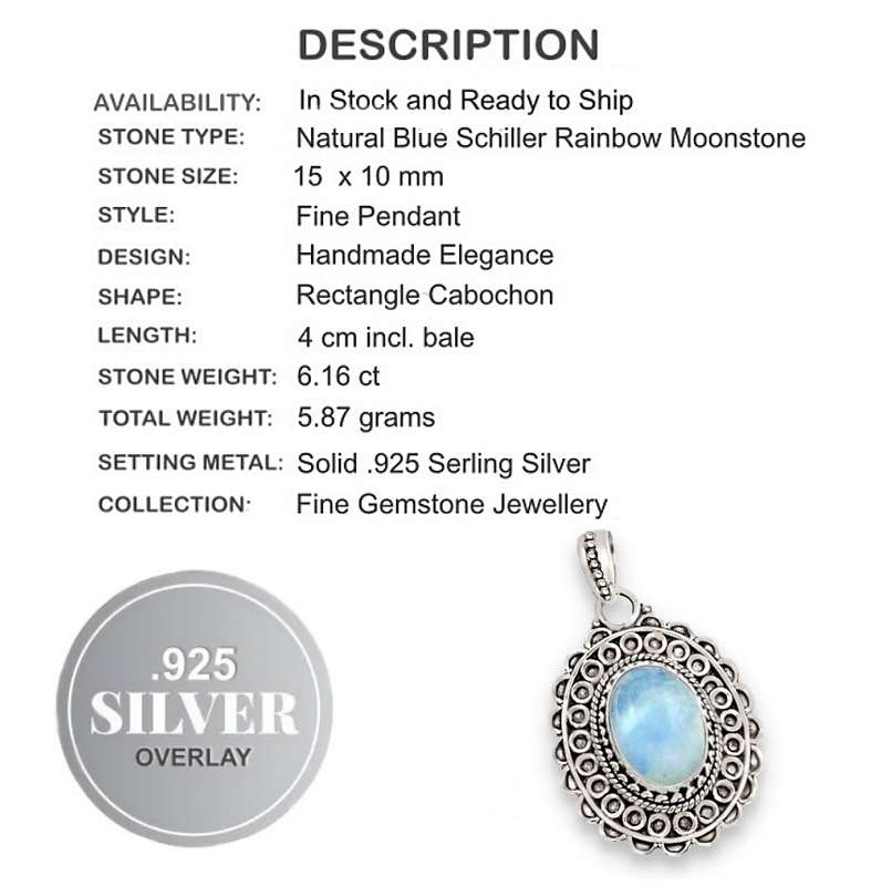 6.16 cts Natural Rainbow Moonstone Oval set in Antique Style Solid .925 Sterling Silver Pendant