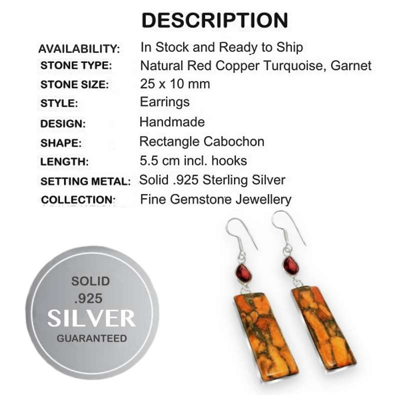 Amazing Natural Red Copper Turquoise, Garnet Solid .925 Sterling Silver Earrings