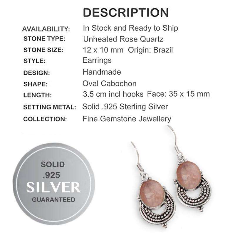 Natural Pink Rose Quartz Oval Gemstone set in Solid .925 Sterling Silver Antique Style Earrings