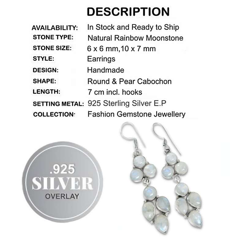 Gorgeous Natural Rainbow Moonstone Gemstone Long Dangle Silver Plated Handmade Earrings