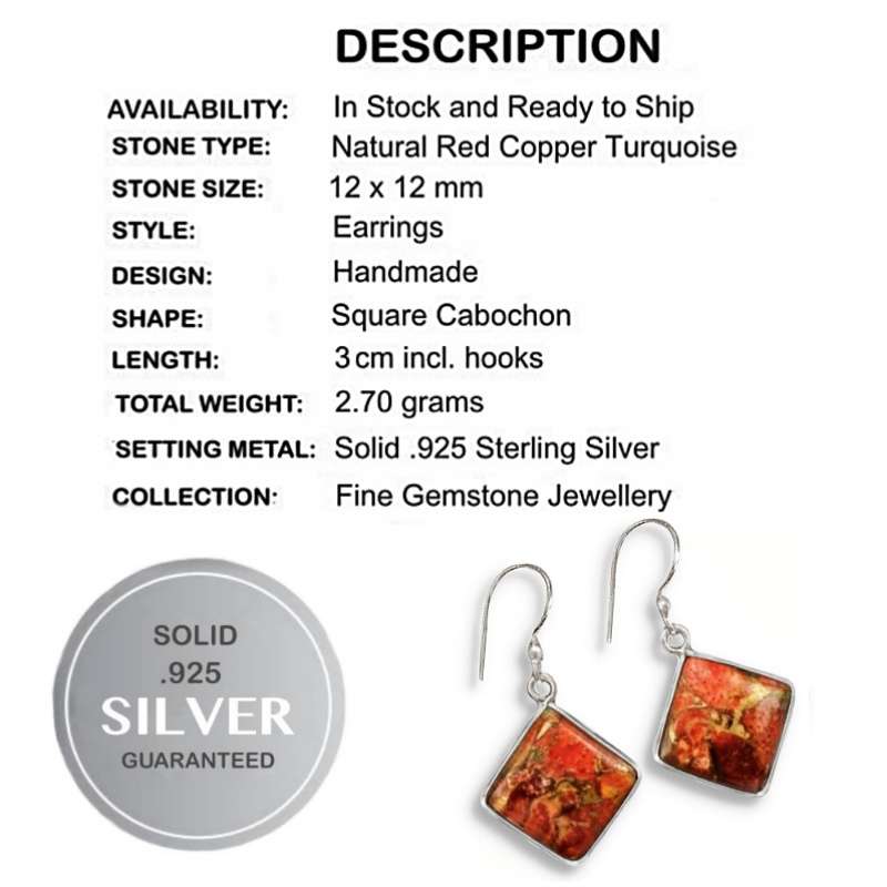 Amazing Natural Red Copper Turquoise Solid .925 Sterling Silver Earrings