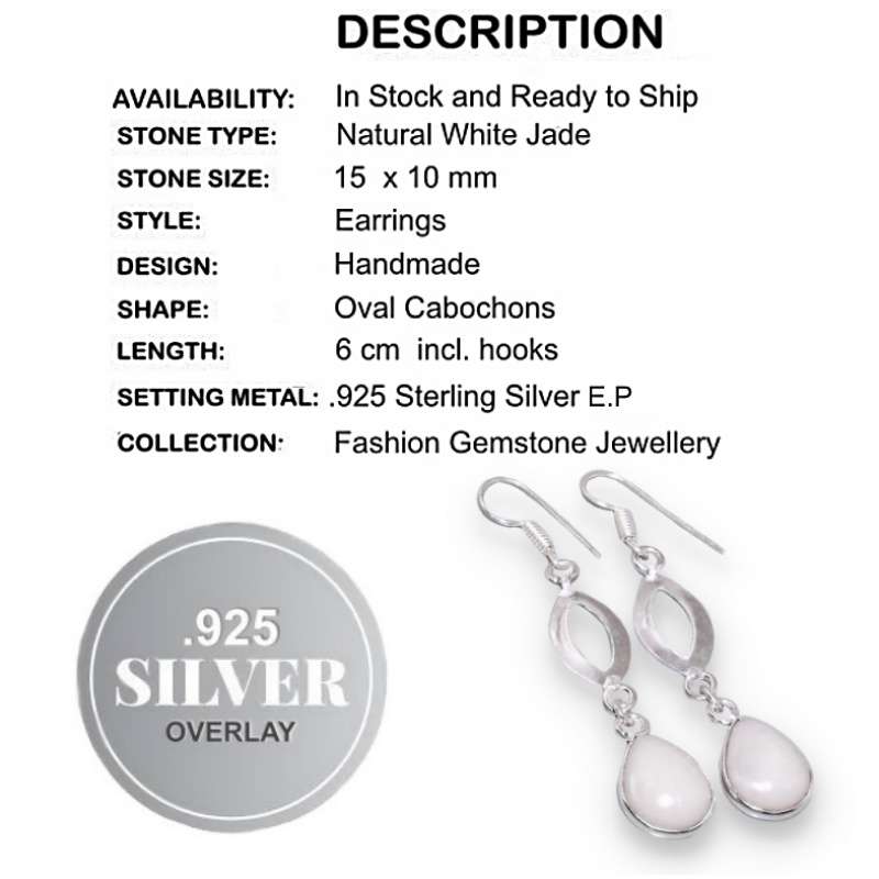 Trendy White Jade Pear Shape Gemstone set in. 925 Sterling Silver Plated Handmade Earrings