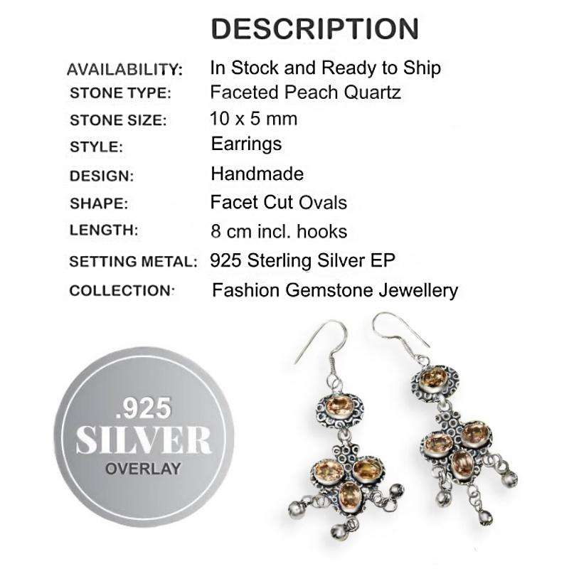 Handmade Faceted Peach Quartz Gemstone set in .925 Sterling Silver Plated Long Earrings