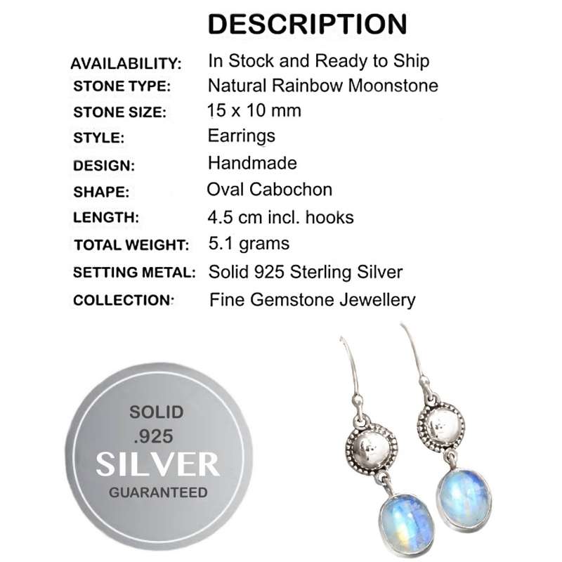 Natural Rainbow Moonstone Oval Gemstone set in Solid .925 Sterling Silver Earrings