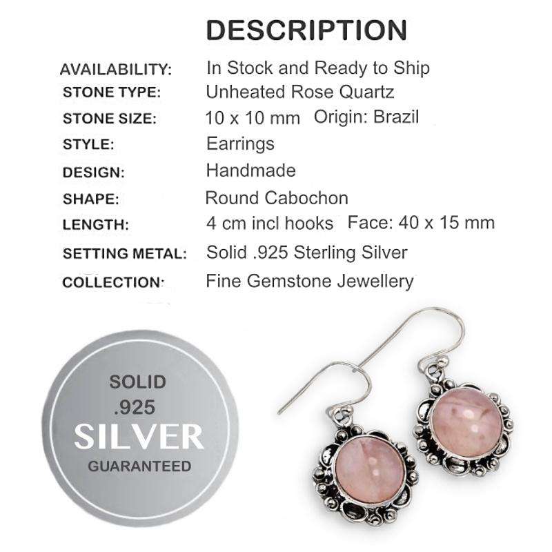 Natural Rose Quartz Round Gemstone set in Solid .925 Sterling Silver Dainty Earrings