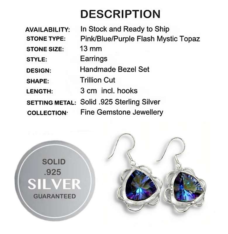 Trillion Cut Blue Purple Flash Mystic Rainbow Topaz In Solid 925 Sterling Silver Earrings