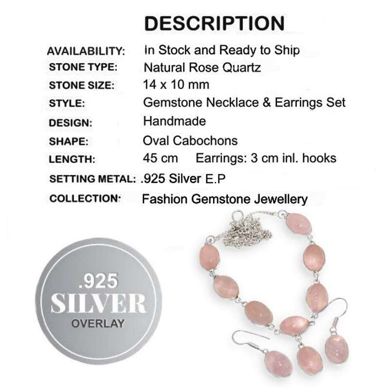 Natural Rose Quartz Ovals set in .925 Sterling Silver Plated Handmade Necklace & Earrings Set