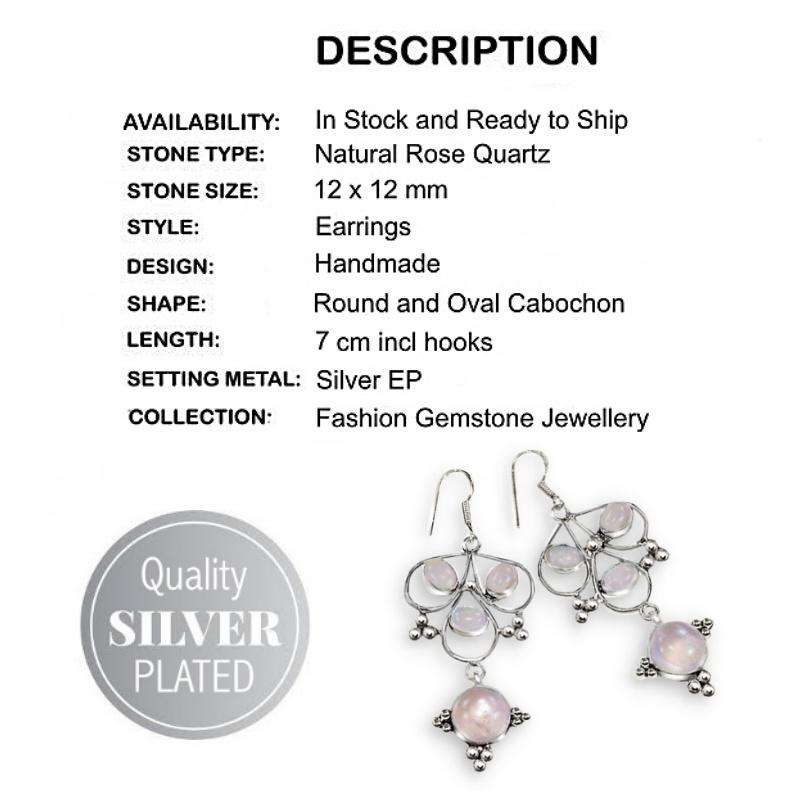 Indonesian - Bali Natural Rose Quartz Gemstone set in .925 Sterling Silver Plated Handmade Earrings