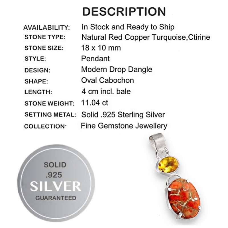 Exquisite 11.04 Cts Copper Turquoise, Citrine - Solid .925 Sterling Silver Pendant