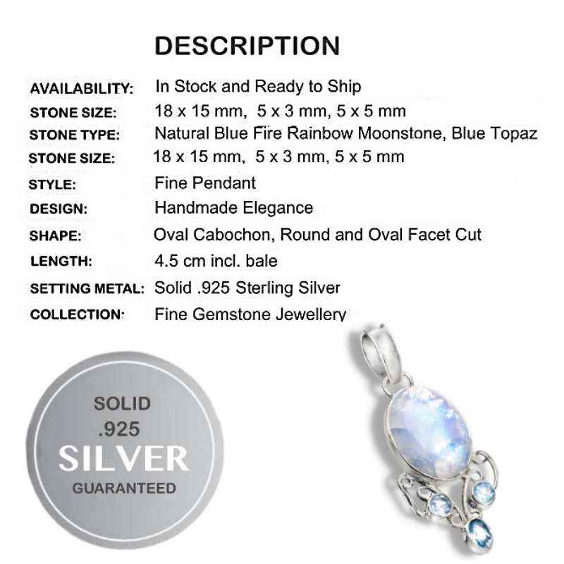 Natural Rainbow Moonstone, Blue Topaz Gemstone set in Solid .925 Sterling Silver Pendant