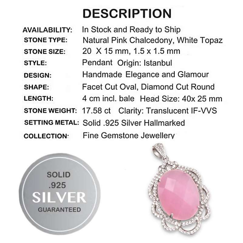 Turkey-  17.58 Cts Natural Chalcedony and White Topaz in Solid. 925 Sterling Silver Pendant