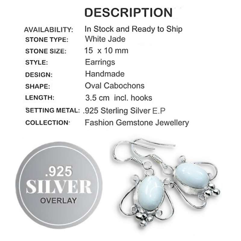 Handmade White Jade set in . 925 Sterling  Silver Plated Long Earrings