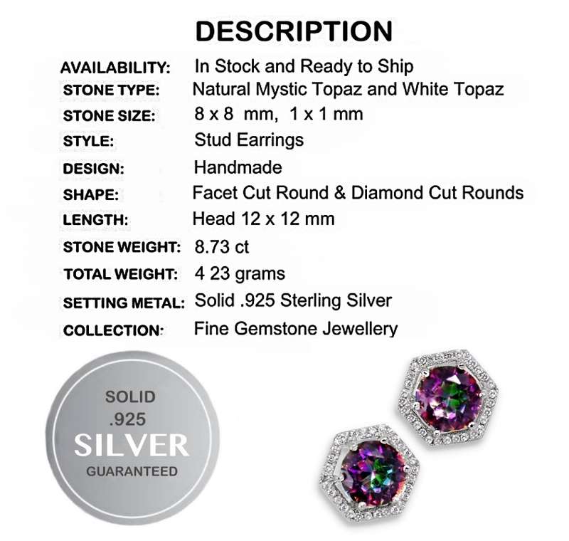 8.73 cts Beautiful Rainbow Mystic Topaz, White Topaz Stud Earrings In Solid .925 Sterling Silver