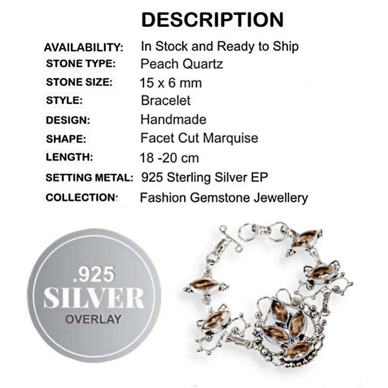 Faceted Peach Quartz Gemstone set in .925 Sterling Silver Plated Handmade Bracelet
