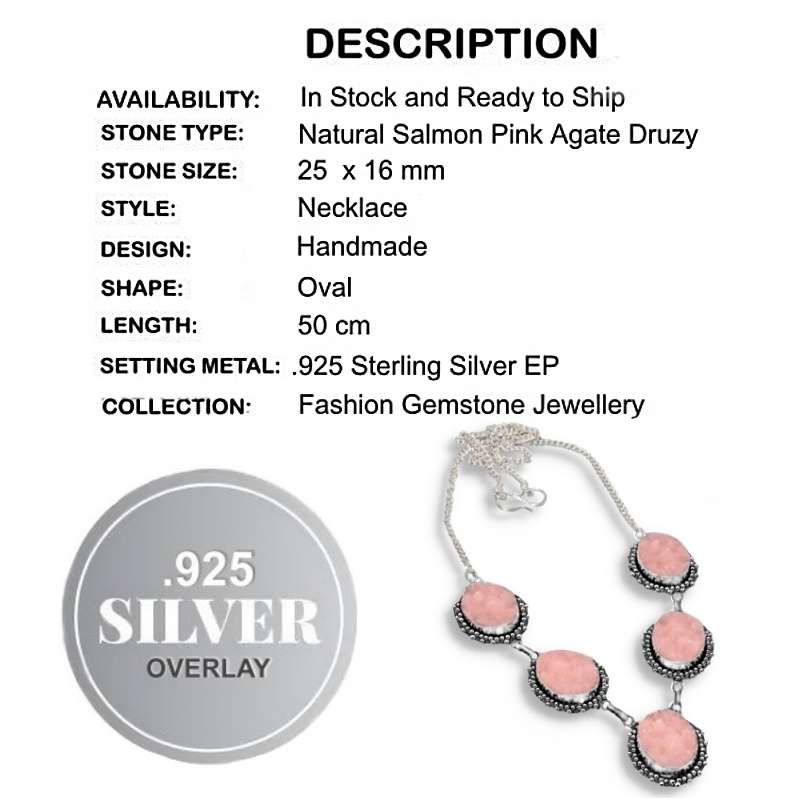 Dusty Salmon Pink Agate Druzy Gemstone set in  925 Sterling Silver Plated Handmade Necklace