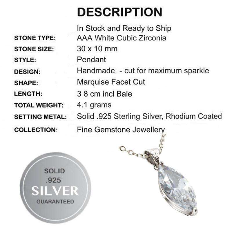 Deluxe AAA White Cubic Zirconia Marquise Shape set in Solid .925 Sterling Silver Fine Pendant