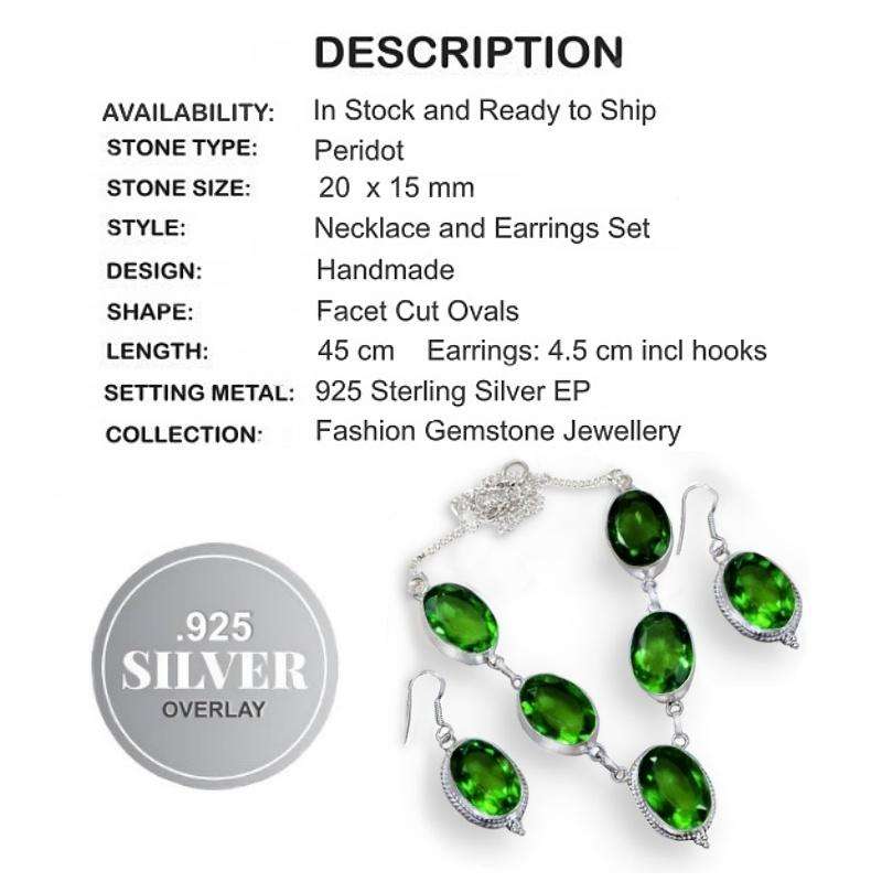 Faceted Peridot Ovals set in .925 Sterling Silver Plated Handmade Necklace and Earrings Set