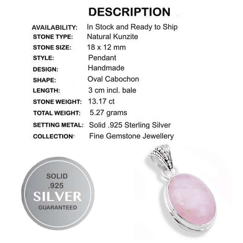 Natural Kunzite Oval Gemstone set in Solid .925 Sterling Silver Dainty Pendant