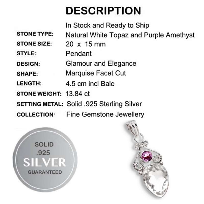 13.84 cts Natural Purple Amethyst and White Topaz set in Solid .925 Sterling Silver Pendant