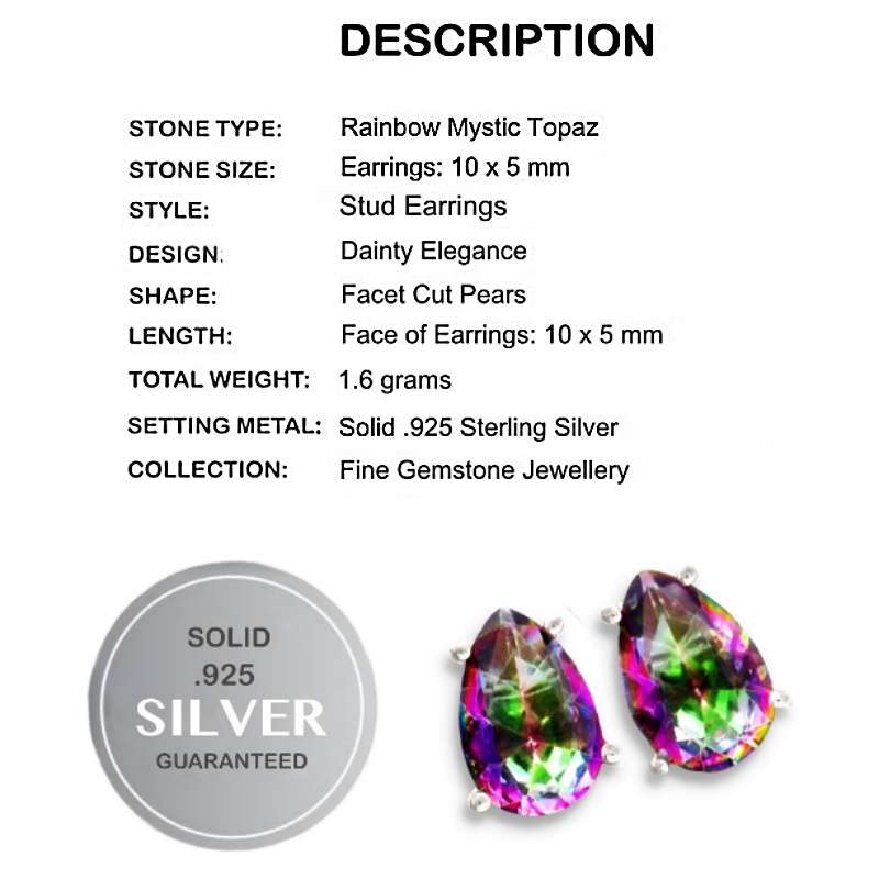 8.75 Cts Rainbow Mystic White Topaz set in Solid .925 Sterling Silver Stud Earrings