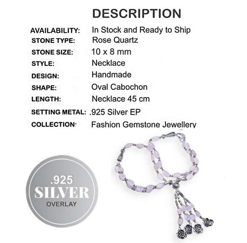 Natural Rose Quartz Oval Gemstone Beads Rose Charms in.925 Sterling Silver Plated Waterfall Necklace
