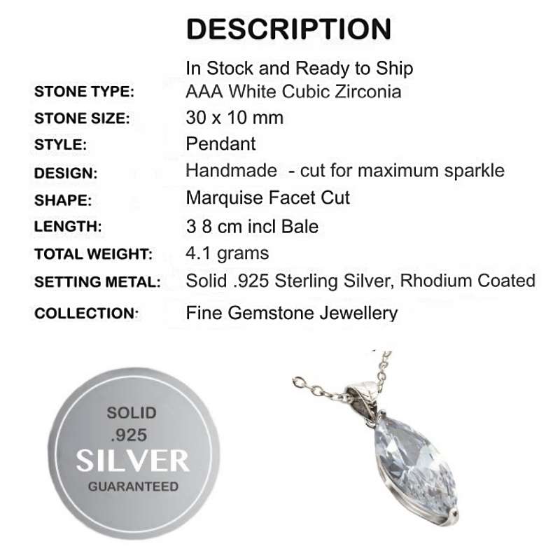 Elegant High Sparkle Marquise Shape White Zirconia set in Solid .925 Sterling Silver Pendant