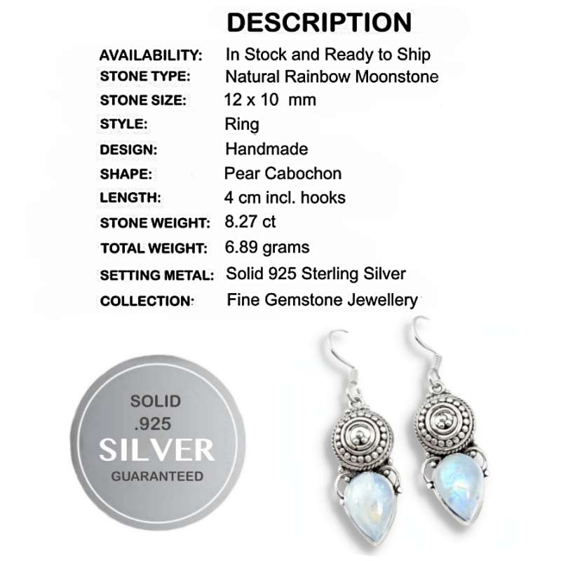 8.27 cts Natural Rainbow Moonstone Pear Shape Gemstone set in Solid .925 Sterling Silver Earrings